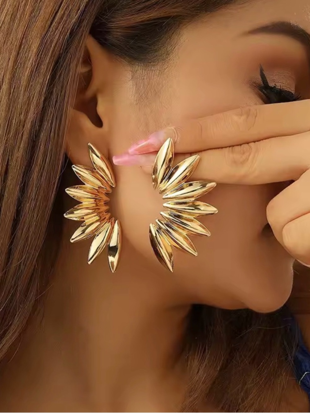 Gold Leaf Flower Dangle Earrings Bold Statement Jewelry - Picture 2 of 4